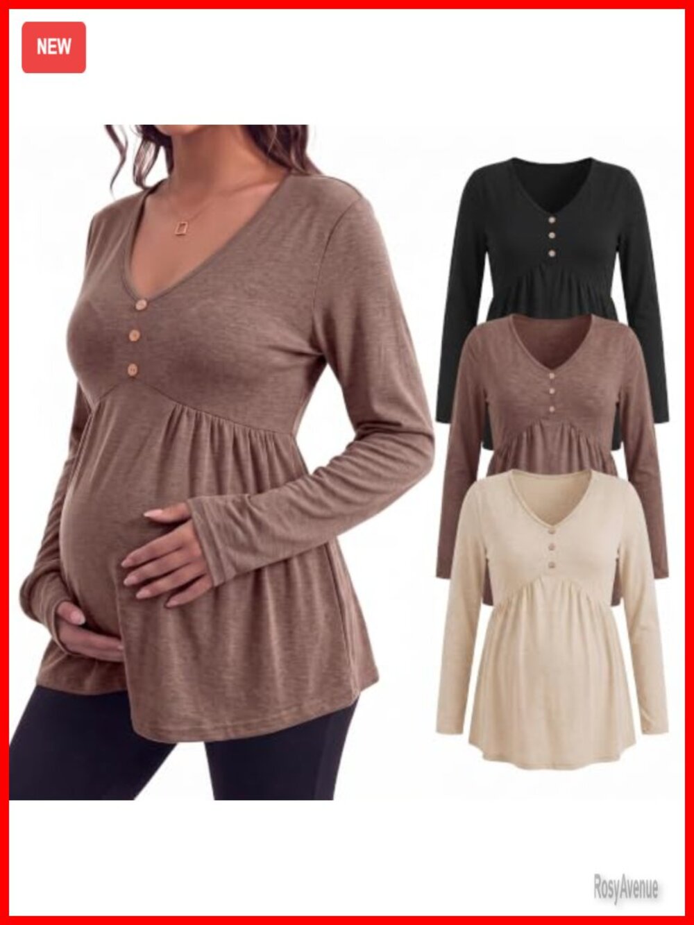 Maternity Long Sleeve V Neck Tunic Tops 3 Pack Button Casual